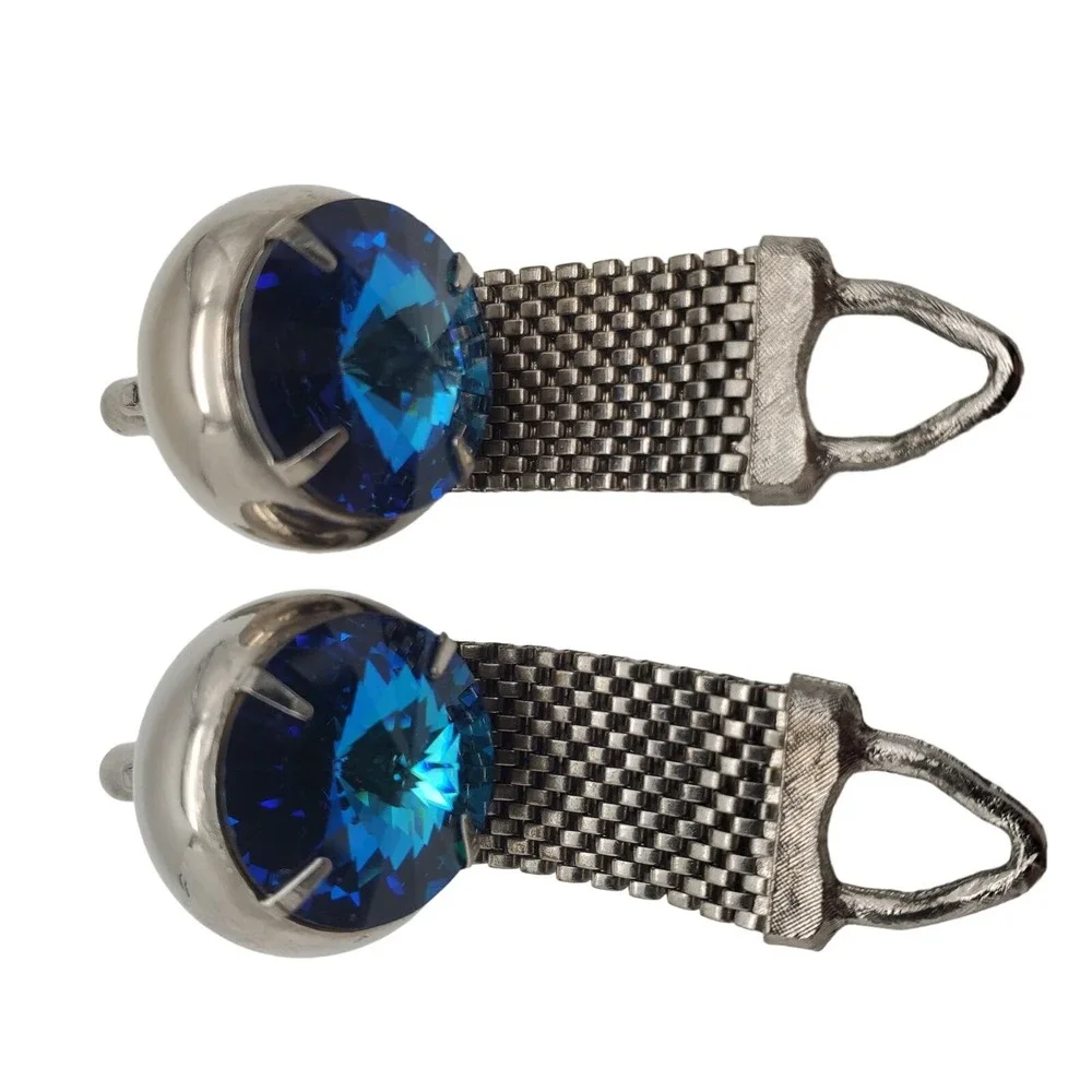 Blue Rivoli Crystal Cufflinks Silver Tone Mesh Wrap Around Suit Accessory Retro